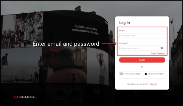 Pickcel login dashboard