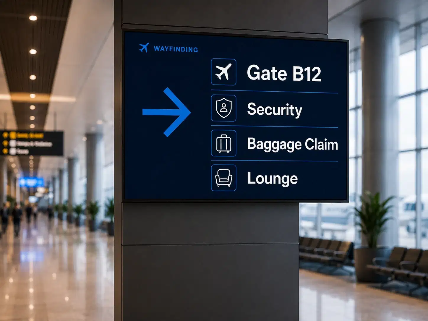 Airport wayfinding digital signage managed by Pickcel showing terminal directions