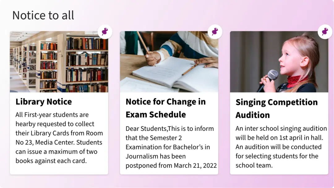 Bulletin board app layout preview showing three notices with images at a time