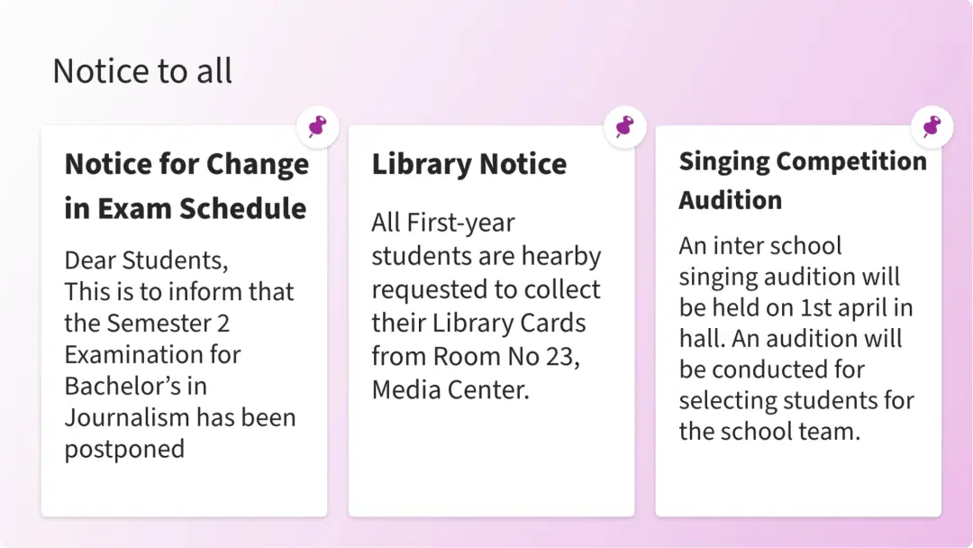 Bulletin board app layout preview showing three notices without images at a time