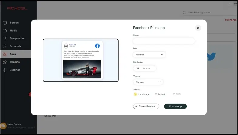 Step 1: Digital signage software interface showing Facebook App configuration window with multiple options