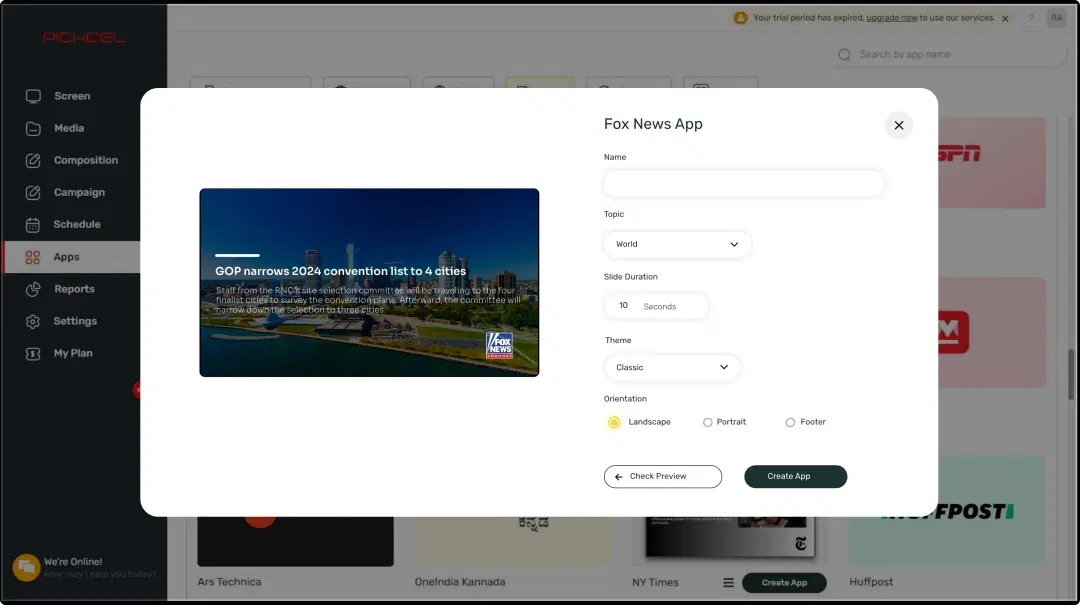 Step 1: Digital signage software interface showing Fox News App configuration window with multiple options