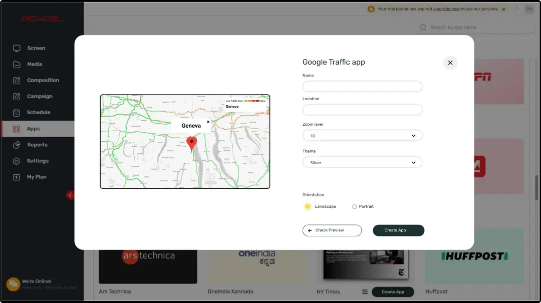 Step 1: Digital signage software interface showing Google Traffic App configuration window with multiple options