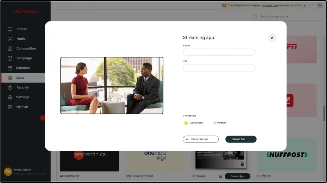 Step 1: Digital signage software interface showing Streaming app configuration window with multiple options