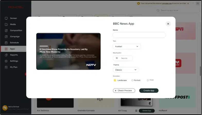 Step 1: Digital signage software interface showing NDTV news App configuration window with multiple options