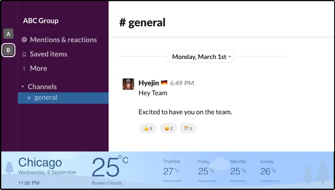 step 3 digital signage software interface showing composition window with slack app and AQI app feed