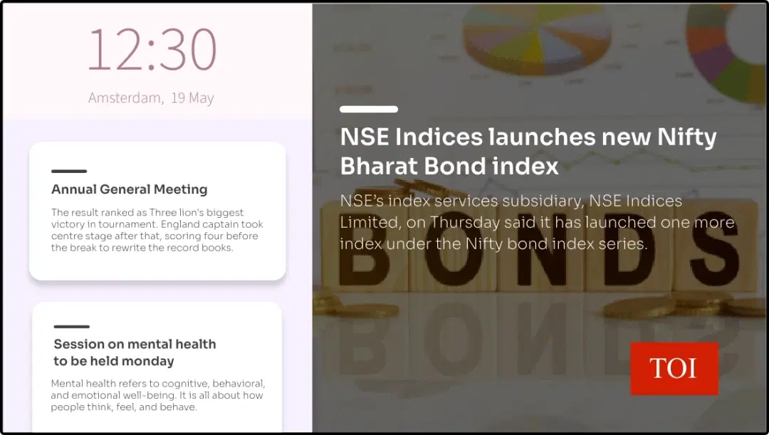 Step 3: Digital signage software interface showing composition window with TOI News app, Text app and digital clock app feeds