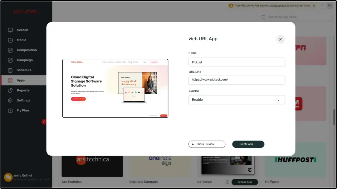 Step 1: Digital signage software interface showing Web URL App configuration window with multiple options