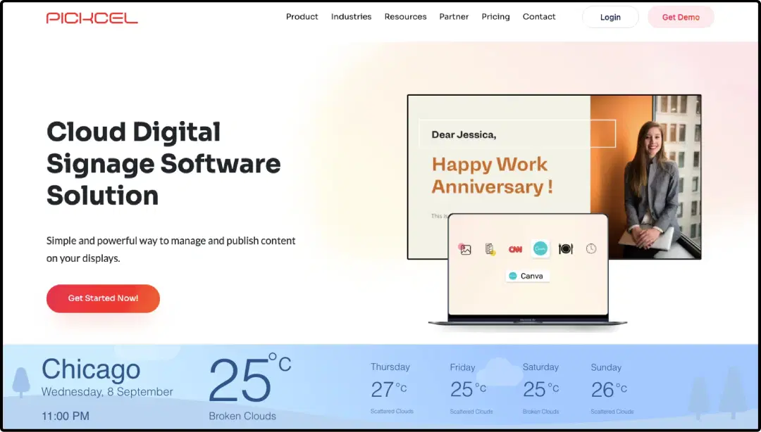 Step 3: Digital signage software interface showing composition window with Web URL App and weather app feeds