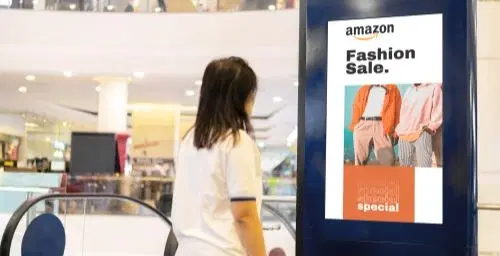 Amazon using Pickcel's custom digital signage software in their kiosk placed across mall to manage product marketing easily.