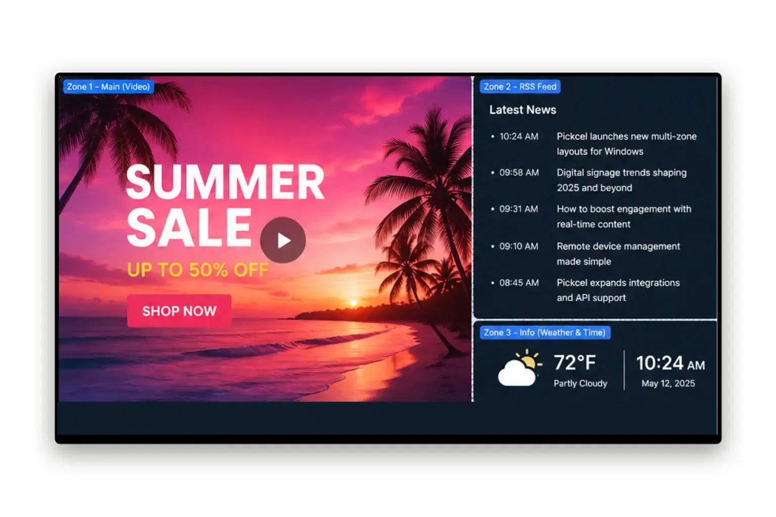 Multi-zone digital signage layout with a video zone and live RSS data feed zone on a Windows display