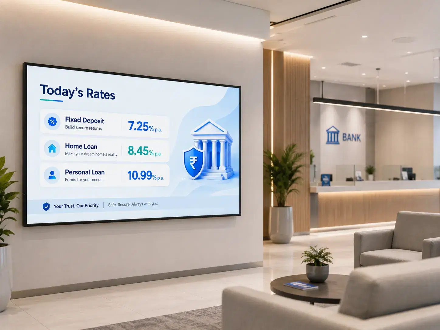 Digital signage screens in a modern workplace environment across industries