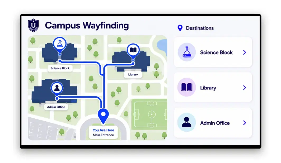 University campus digital wayfinding signage at building entrance