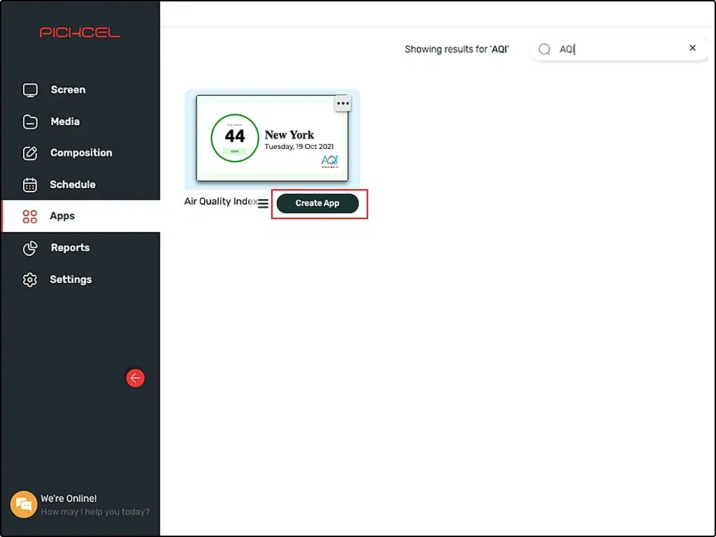 Monitoring air quality index with Pickcel AQI app. Step 3: Click on the create app button