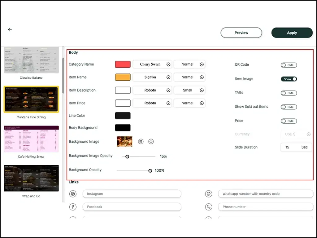 Pickcel software digital menu board app creation window with the option to edit the menu design template and apply the changes