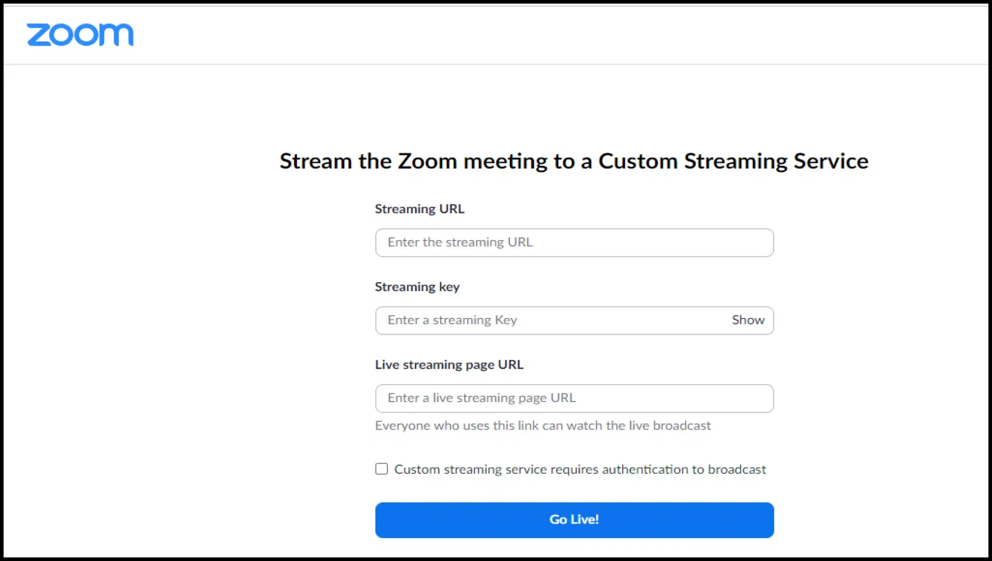 Enter streaming credentials in Zoom
