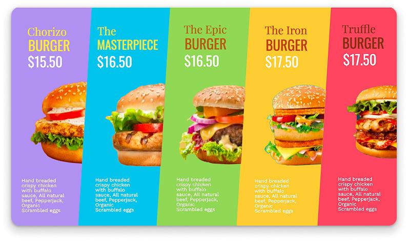 Professional QSR digital menu board layout with combo meals and pricing