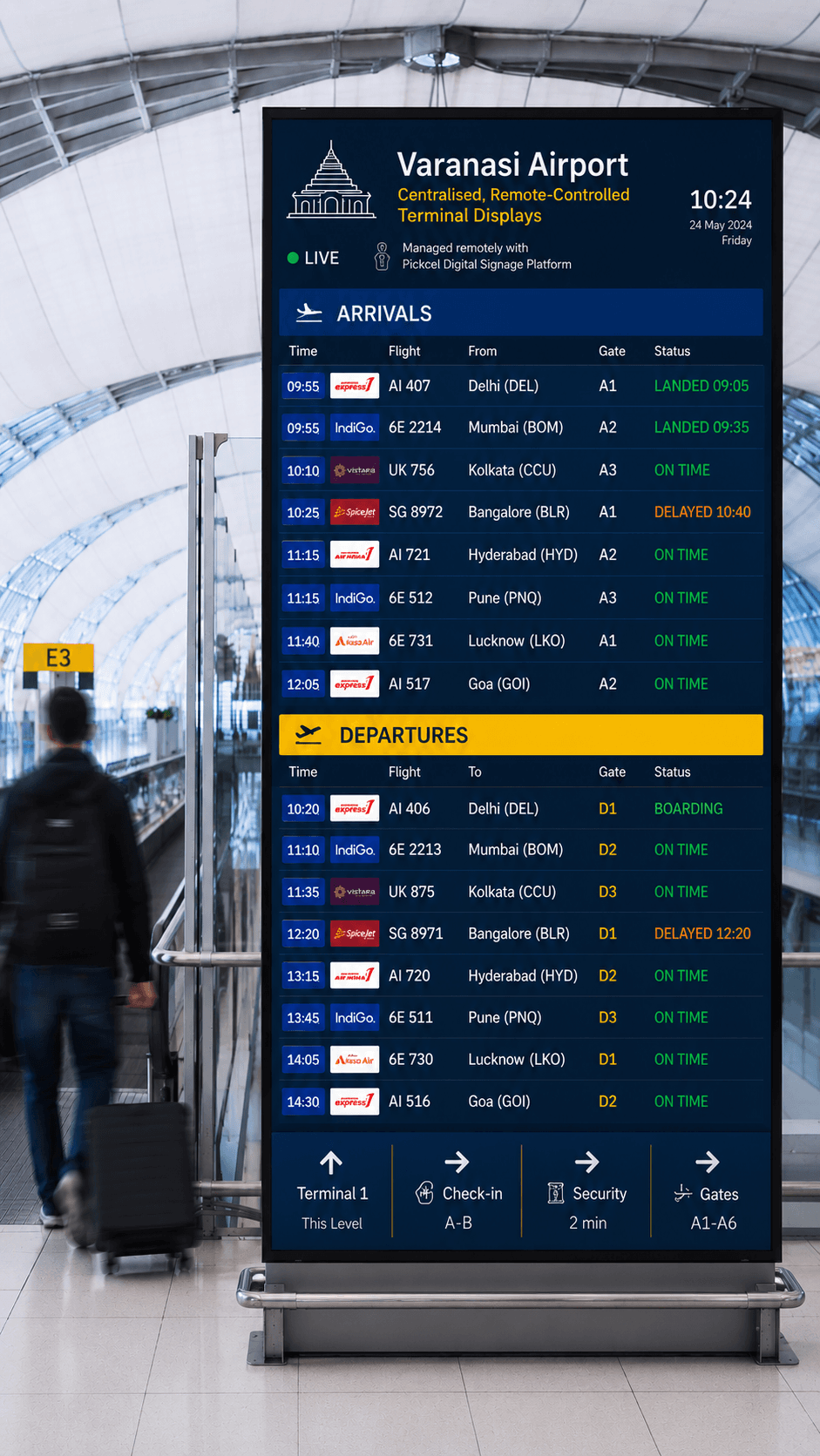 Airport terminal digital signage showing real-time flight information managed by Pickcel