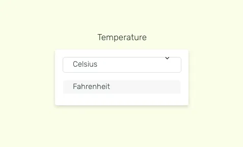 Weather app interface with option to select temperature scale (Celsius or Fahrenheit) for display on digital signage screens