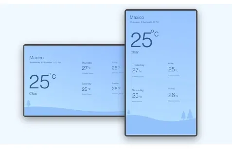 Weather app feed preview showing flexible layout options for landscape and portrait digital signage screens