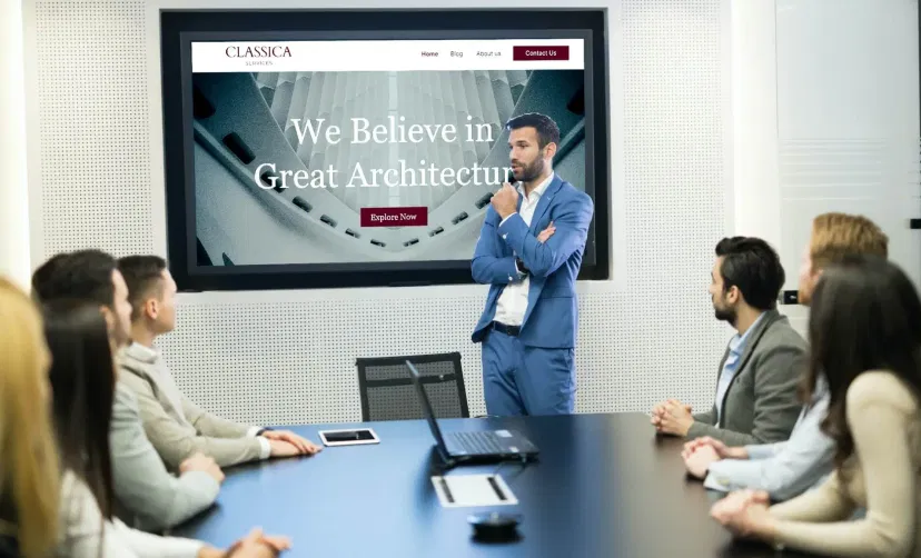 Employee discussing with clients and showing a website on a meeting room digital signage using web url app from Pickcel