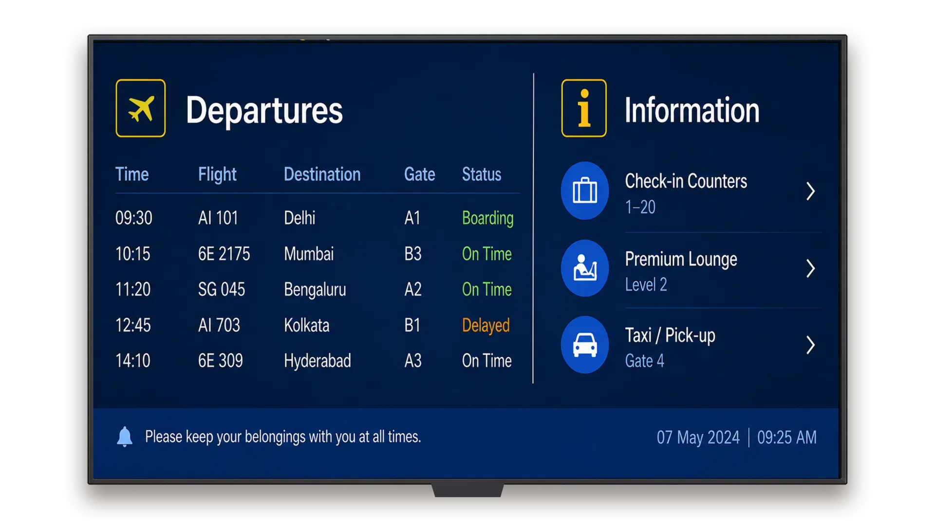 Pickcel FIDS software showing real-time departure and arrival data on airport screens