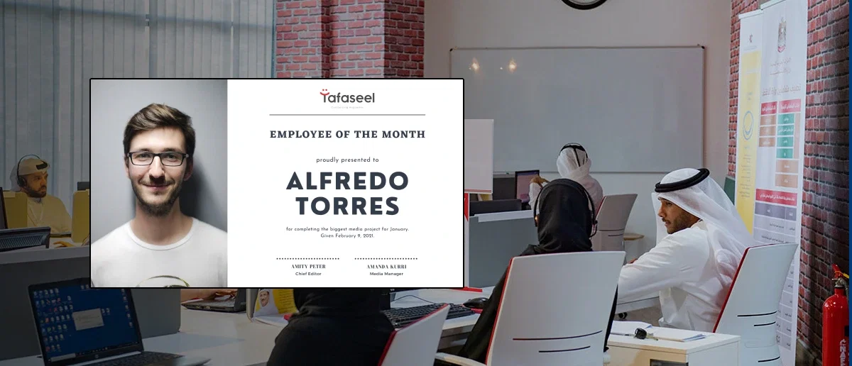 Tafaseel office signage showing announcements and engagement content powered by Pickcel