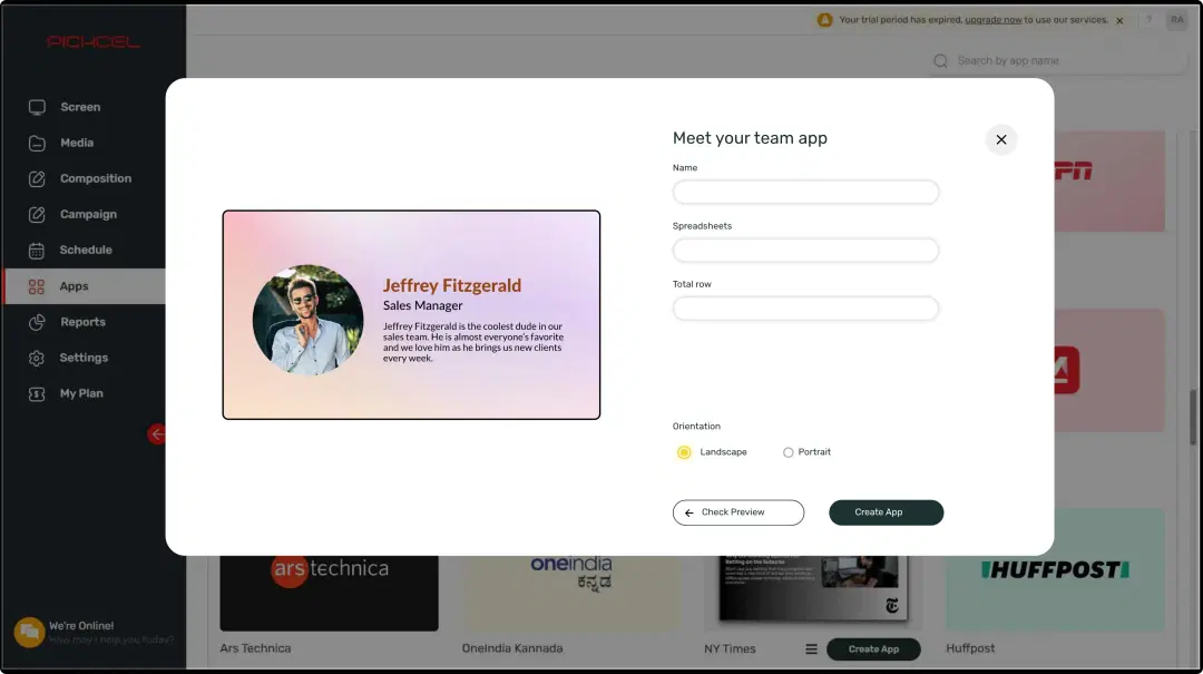Step 1: Digital signage software interface showing Meet Your Team app configuration window with multiple options Step 1: Digital signage software interface showing Meet Your Team app configuration window with multiple options
