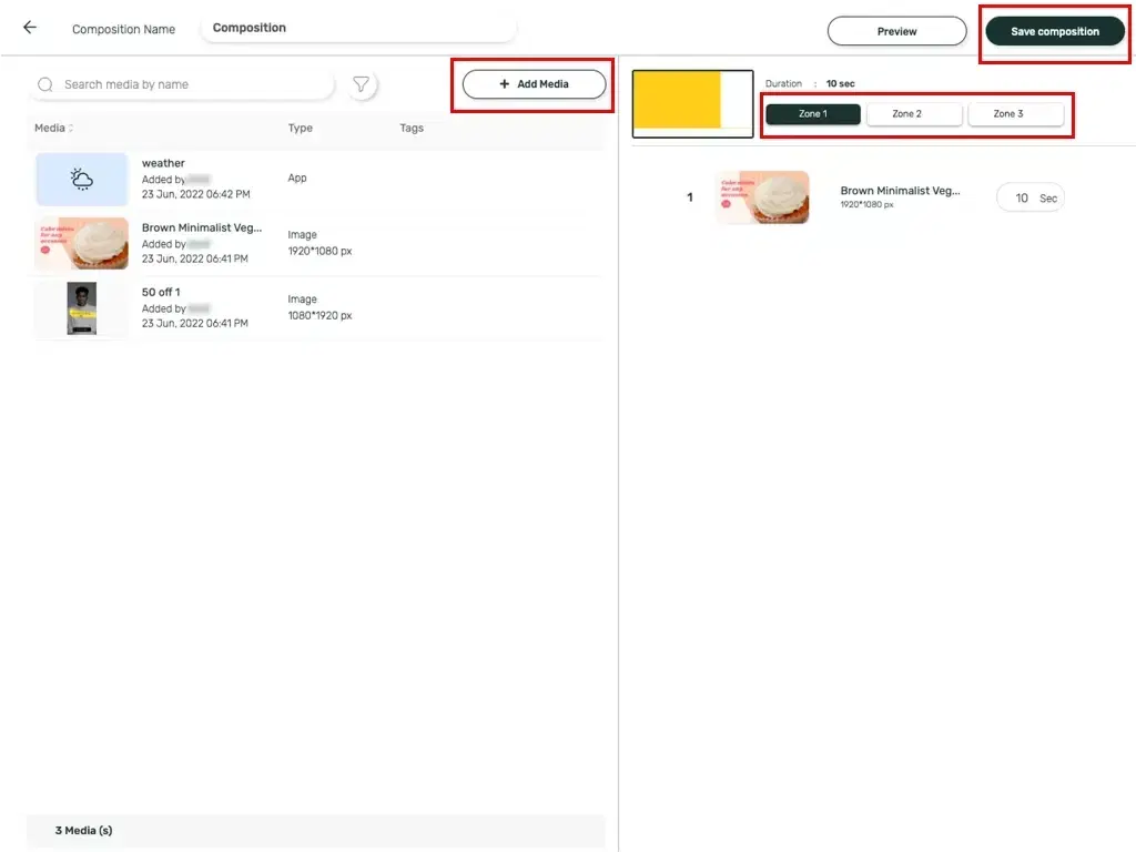 Save composition of layout after adding media to the selected zones Save composition of layout after adding media to the selected zones