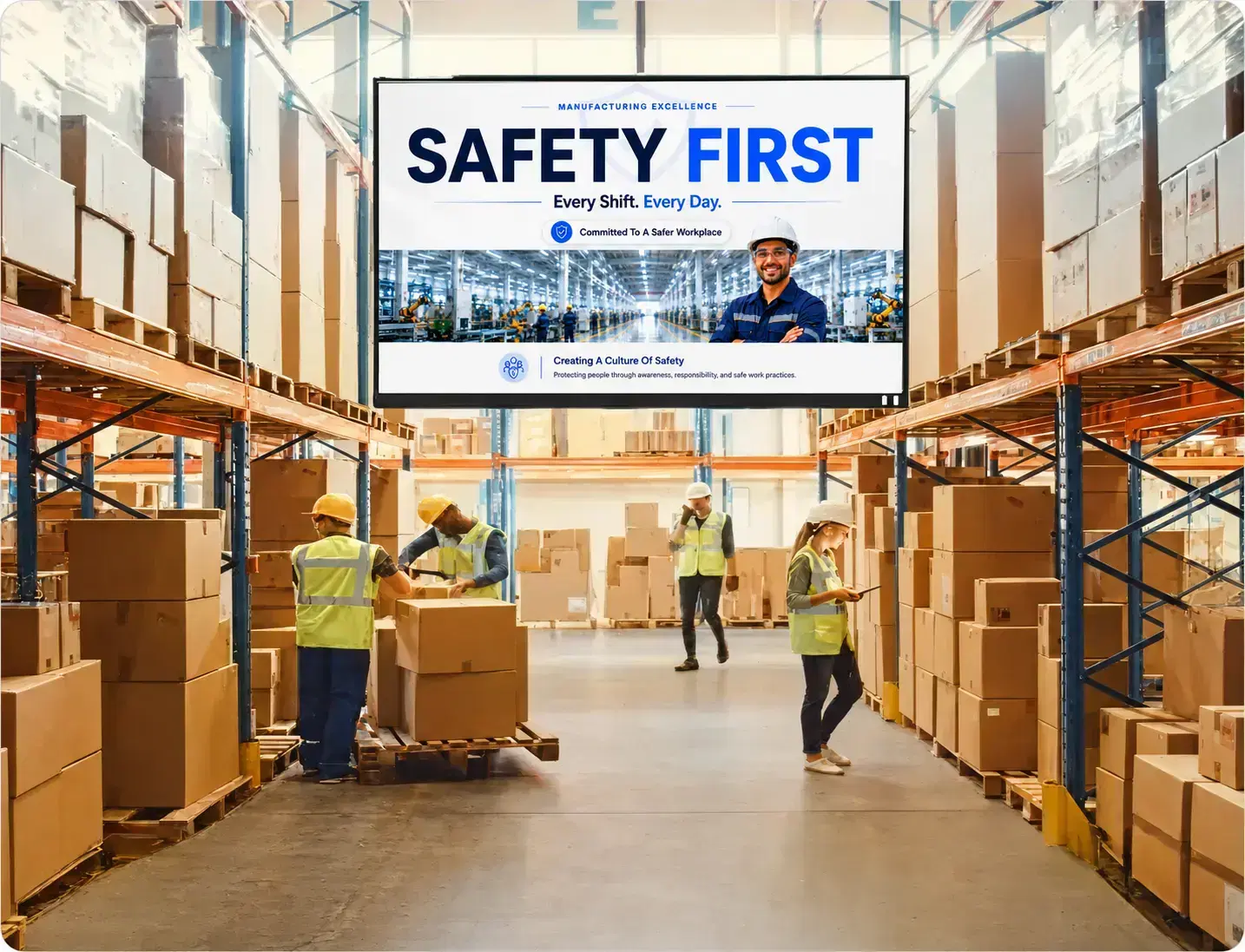 Logistics & Warehousing Pickcel warehouse employee communication dashboard showing multi-zone screen management for logistics operations